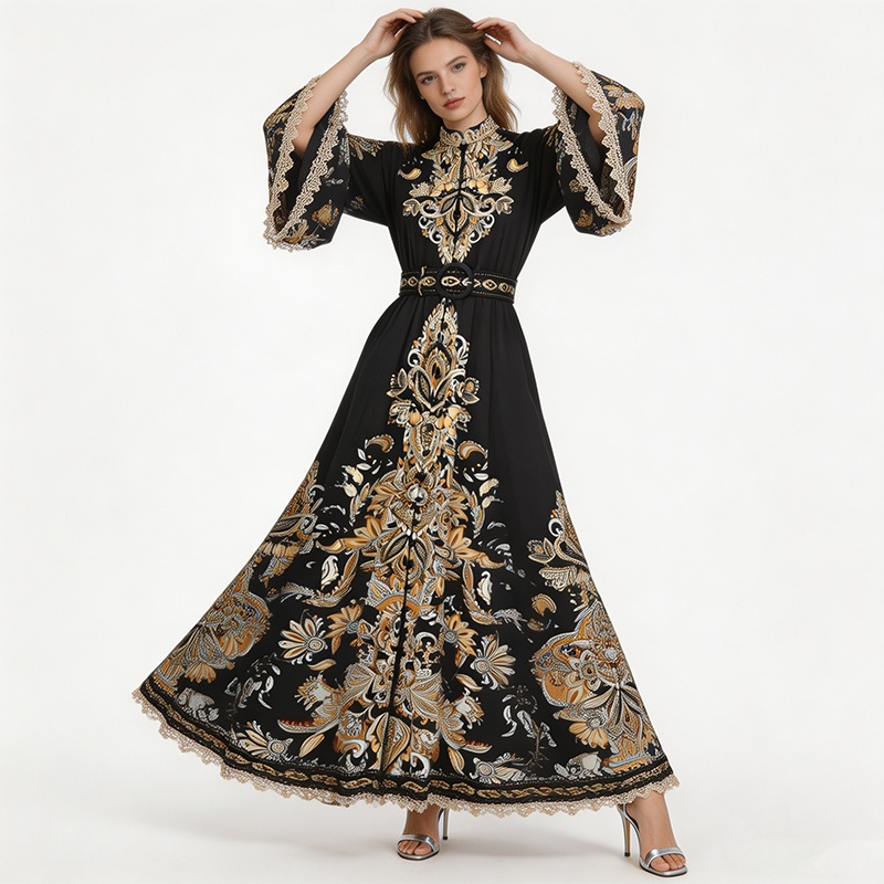 Printing splice national style long vacation dress