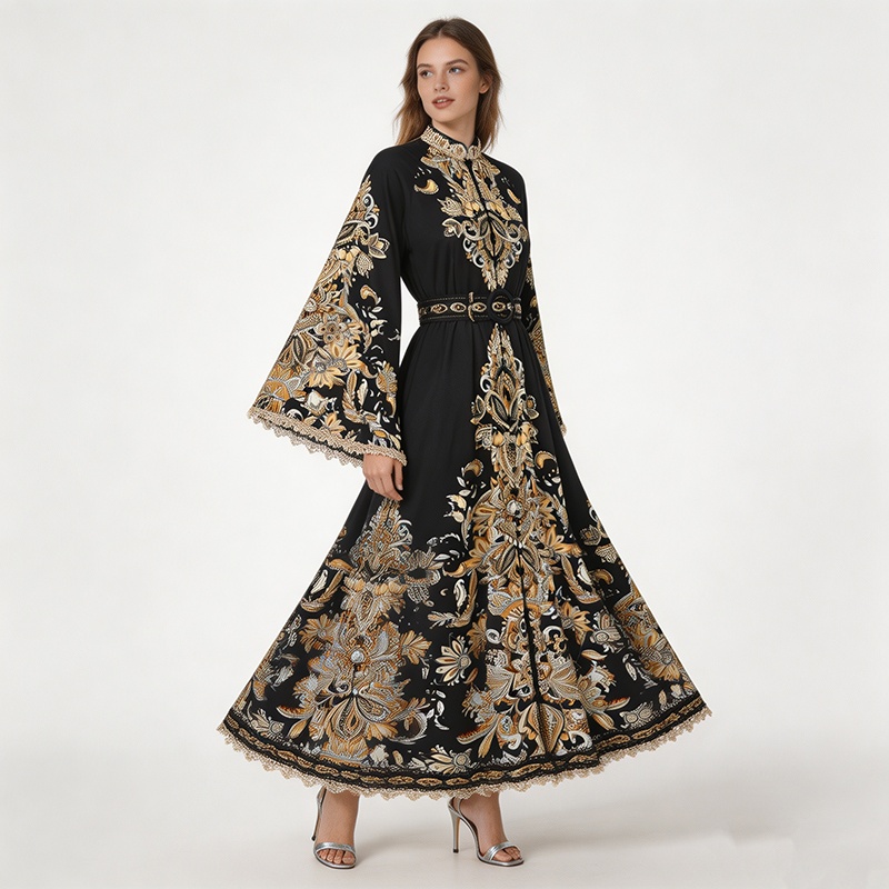 Printing splice national style long vacation dress