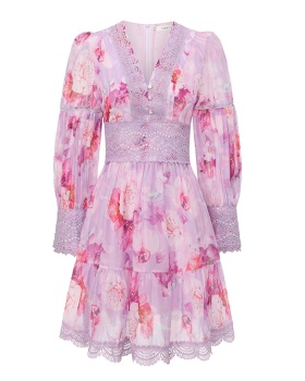 Painting lantern sleeve printing splice lace dress