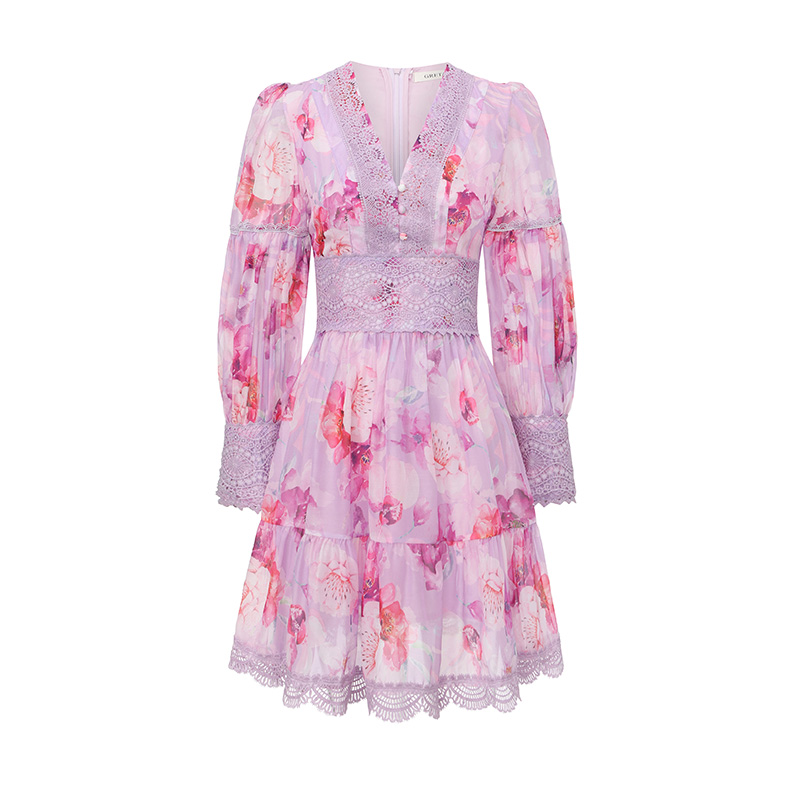 Painting lantern sleeve printing splice lace dress