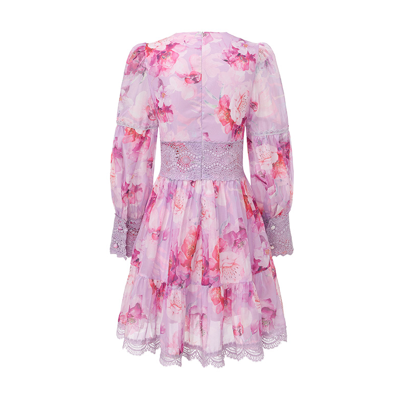 Painting lantern sleeve printing splice lace dress