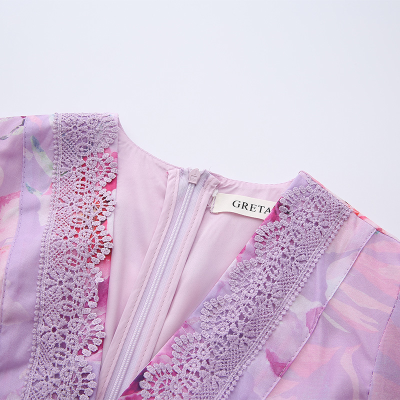 Painting lantern sleeve printing splice lace dress