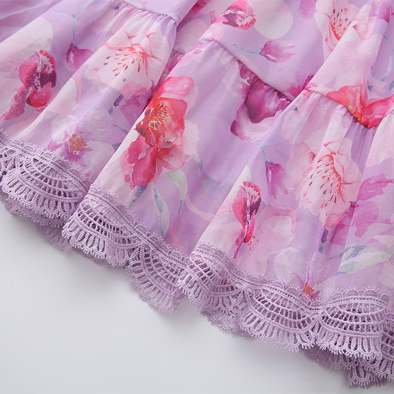 Painting lantern sleeve printing splice lace dress