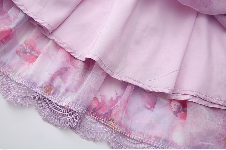 Painting lantern sleeve printing splice lace dress