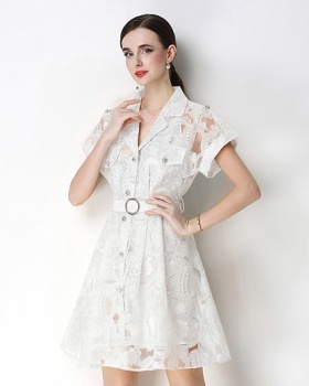 Pinched waist single-breasted France style slim dress