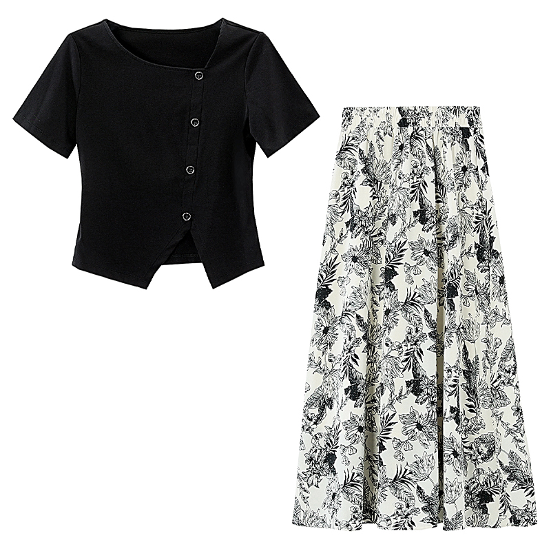 Square collar T-shirt ink skirt 2pcs set for women