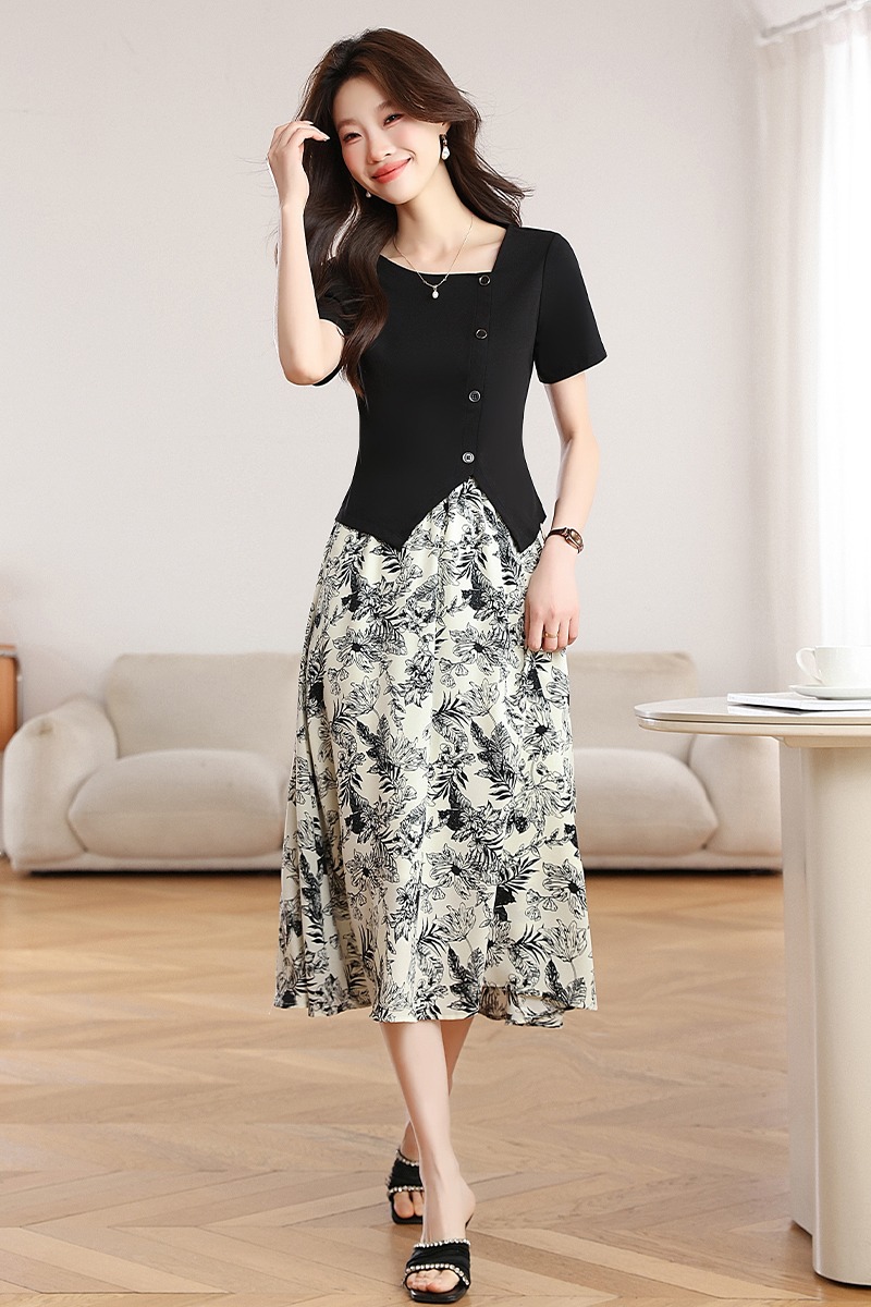 Square collar T-shirt ink skirt 2pcs set for women