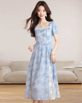 Flowers dress pinched waist long dress for women