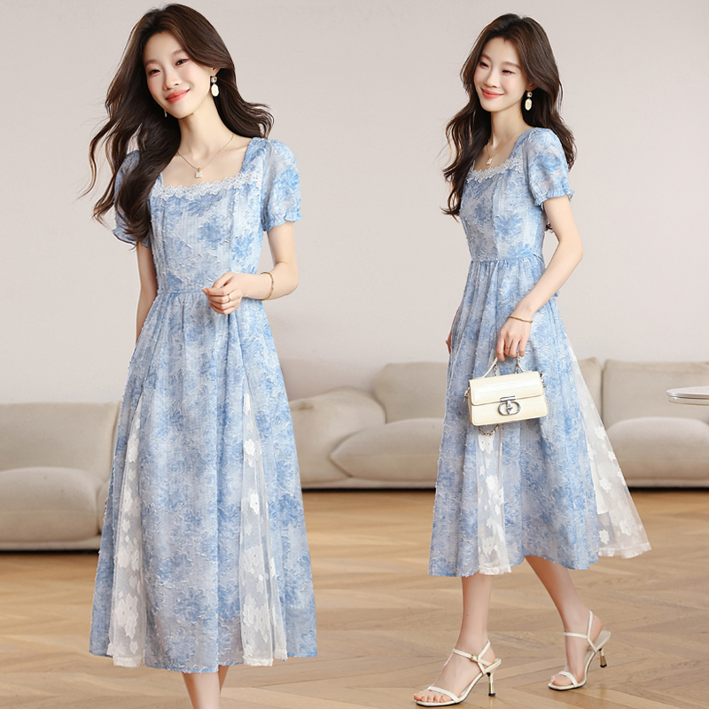 Flowers dress pinched waist long dress for women