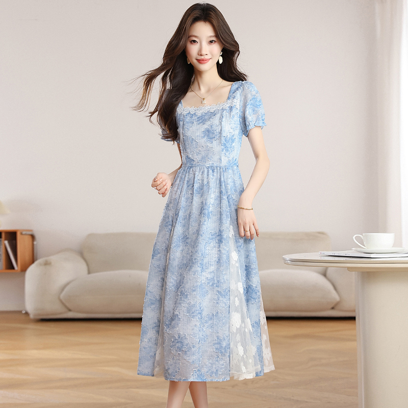 Flowers dress pinched waist long dress for women