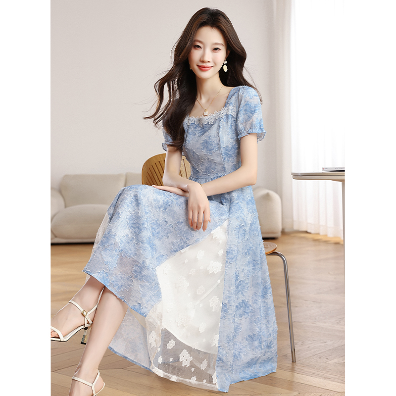 Flowers dress pinched waist long dress for women