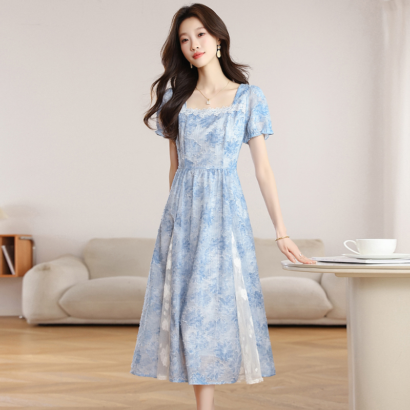 Flowers dress pinched waist long dress for women
