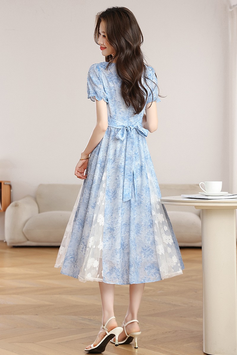 Flowers dress pinched waist long dress for women