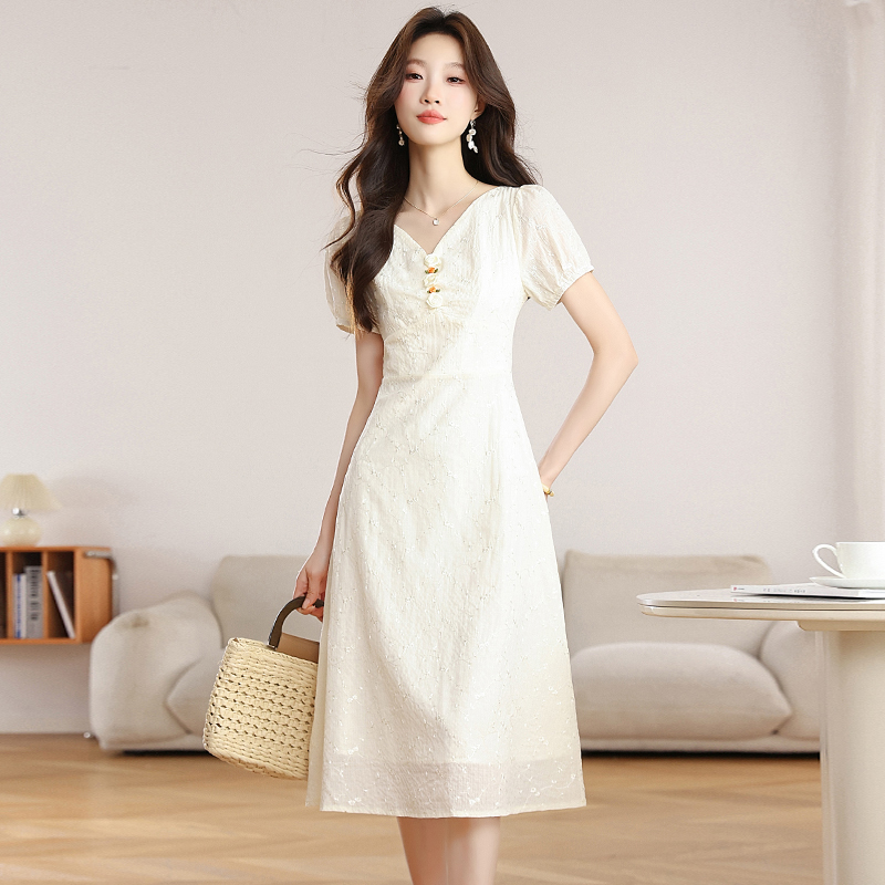France style lady special thin Casual clavicle V-neck dress