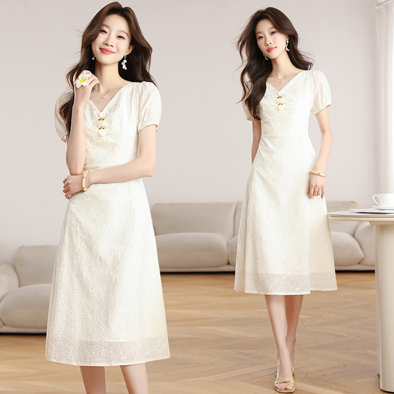 France style lady special thin Casual clavicle V-neck dress