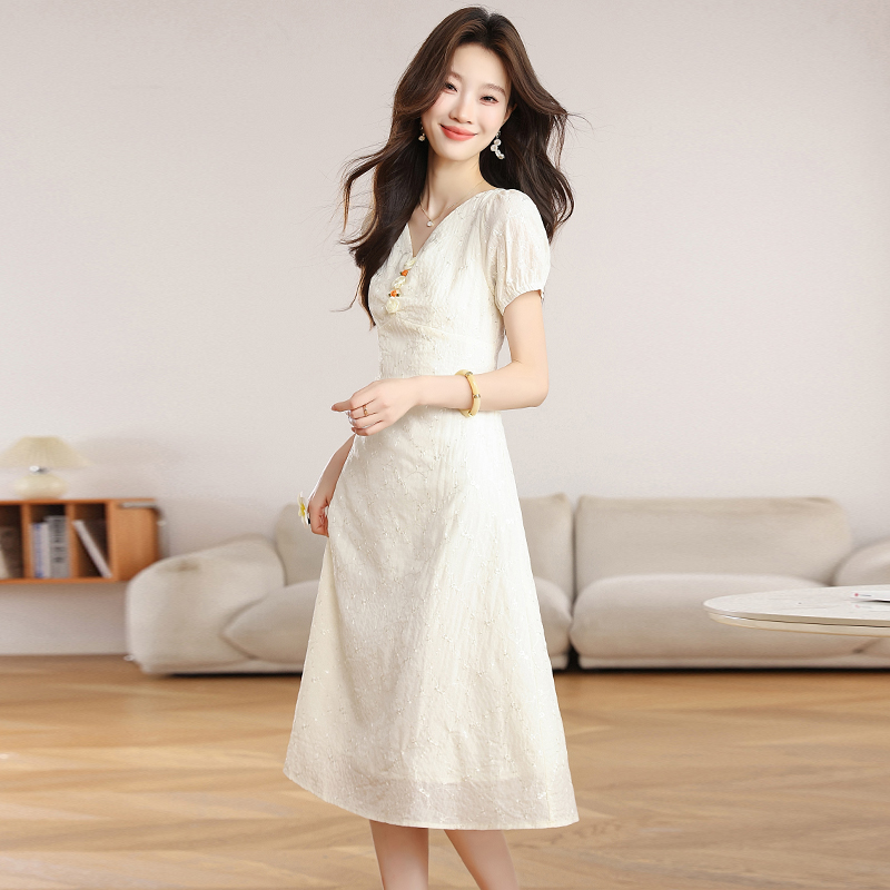 France style lady special thin Casual clavicle V-neck dress
