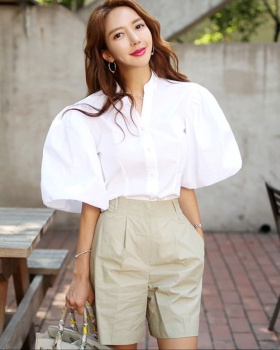 Puff sleeve white shorts summer shirt 2pcs set for women