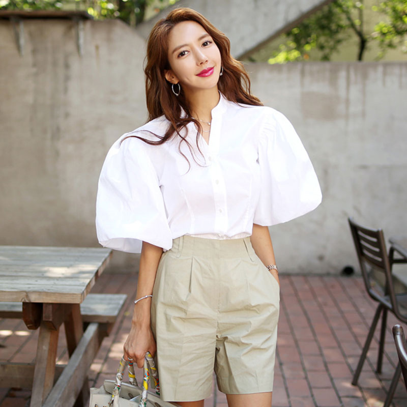Puff sleeve white shorts summer shirt 2pcs set for women