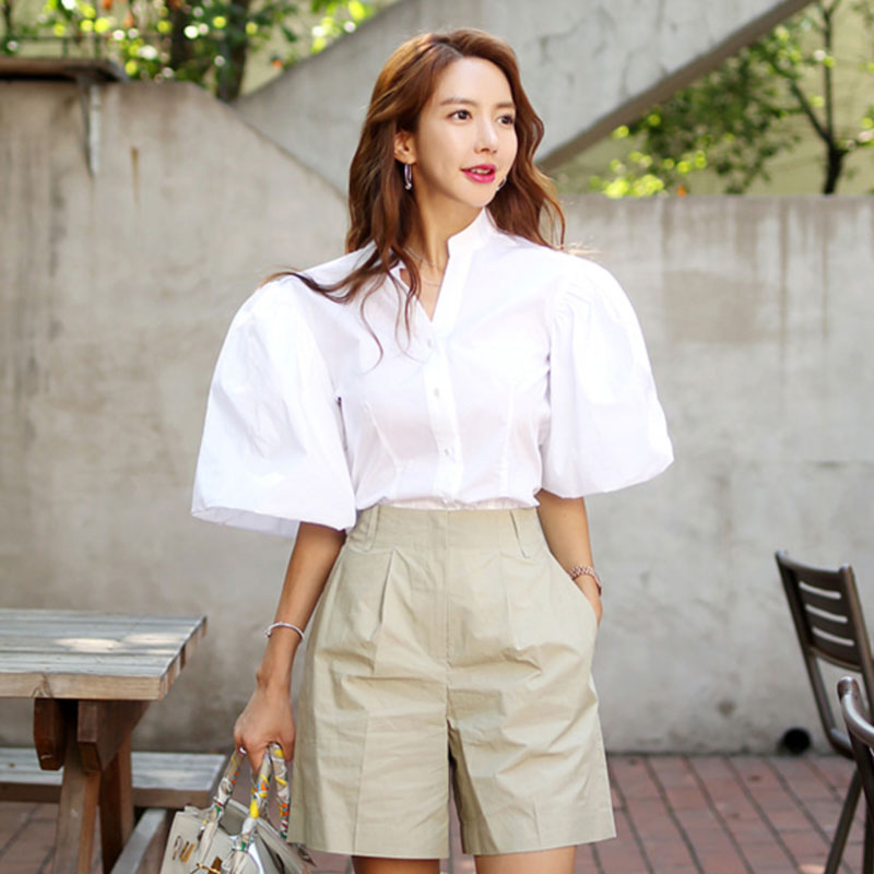 Puff sleeve white shorts summer shirt 2pcs set for women