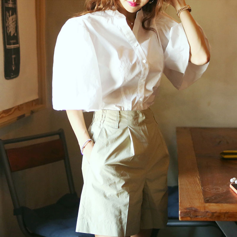 Puff sleeve white shorts summer shirt 2pcs set for women