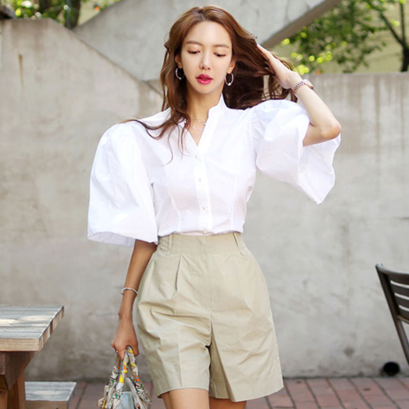 Puff sleeve white shorts summer shirt 2pcs set for women