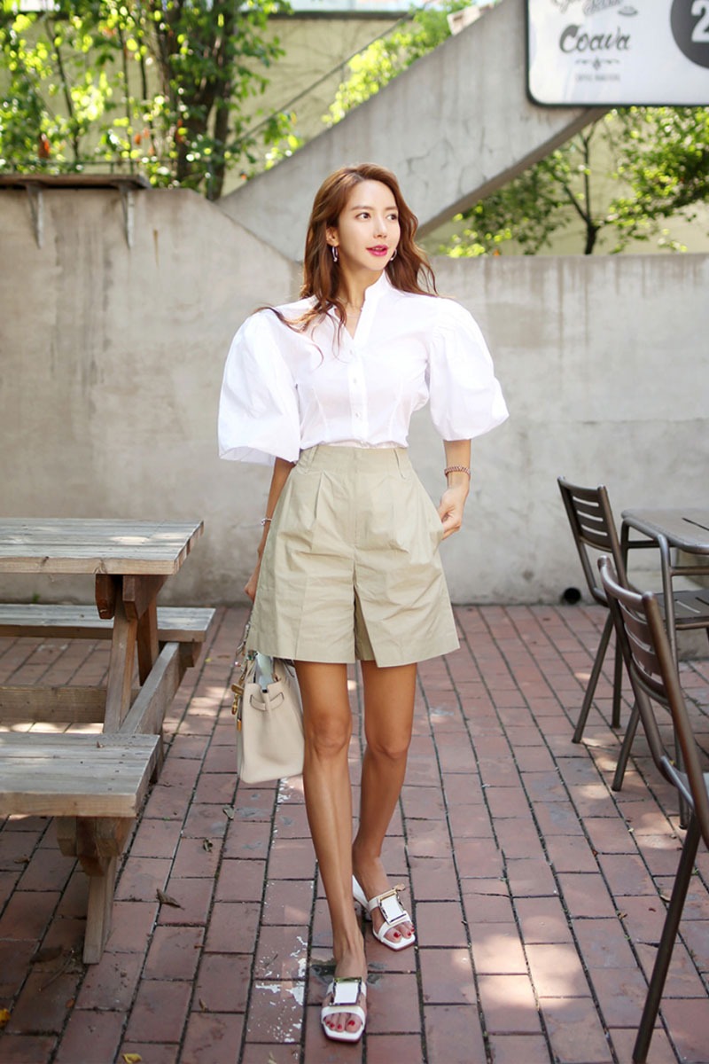 Puff sleeve white shorts summer shirt 2pcs set for women