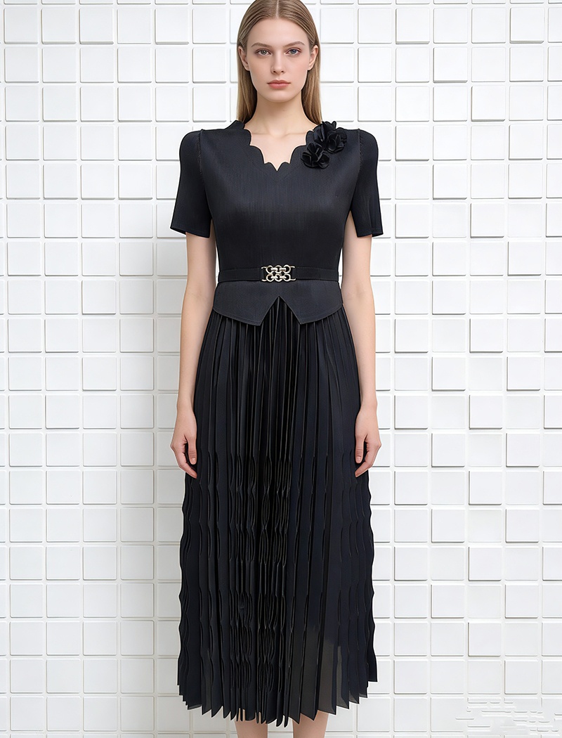 Simple fold dress France style disk flowers belt for women