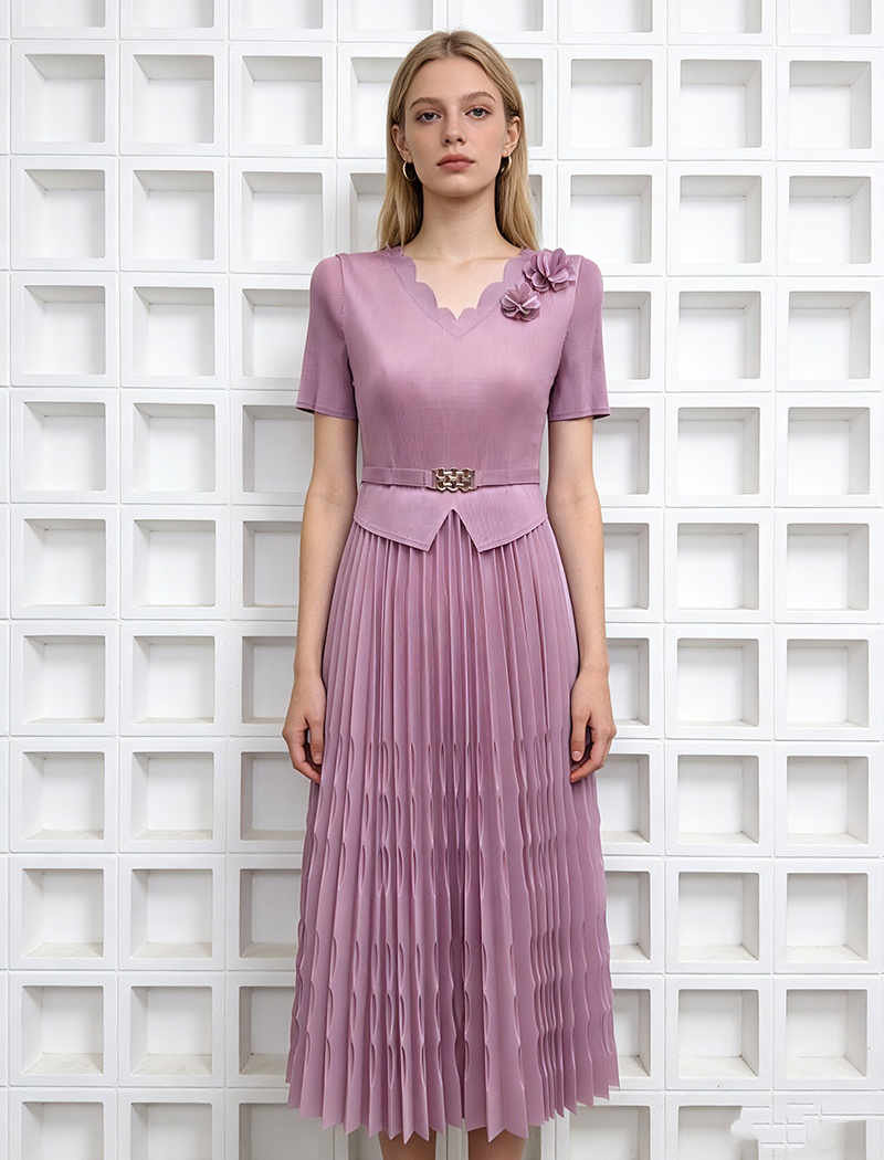 Simple fold dress France style disk flowers belt for women