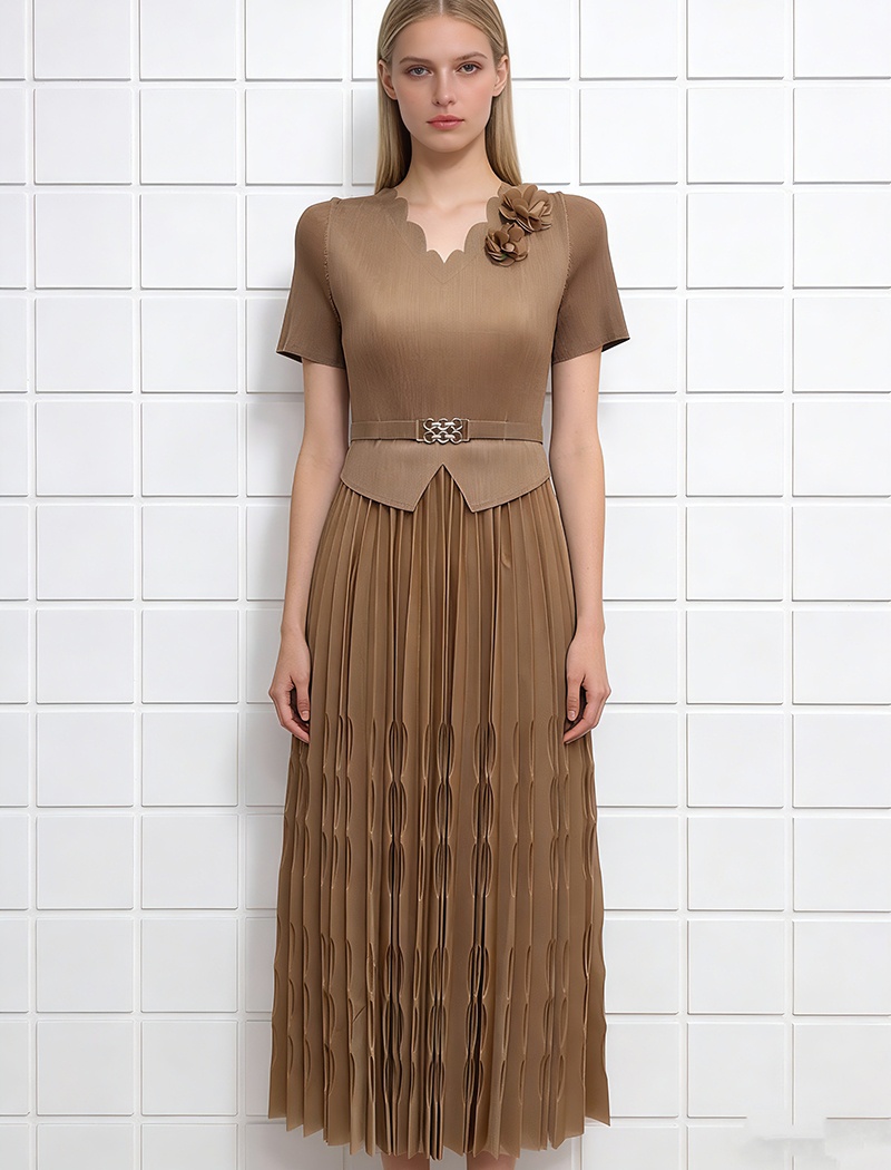 Simple fold dress France style disk flowers belt for women