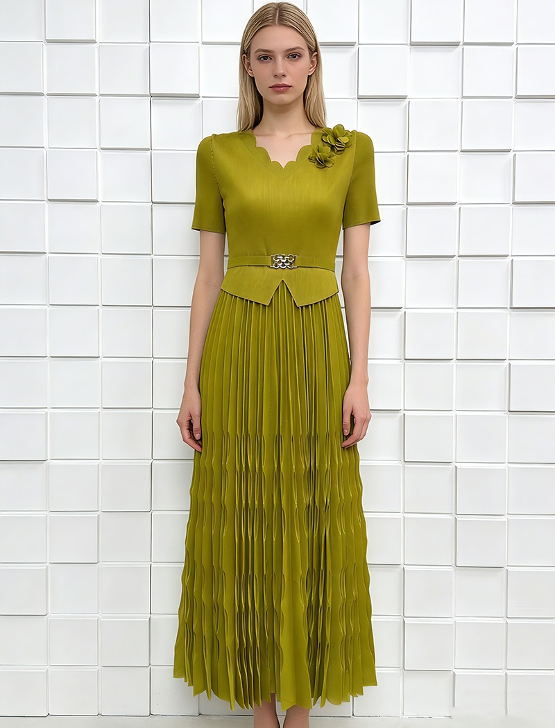 Simple fold dress France style disk flowers belt for women