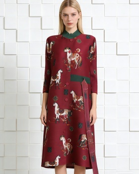 Long sleeve cstand collar dress all-match printing cardigan