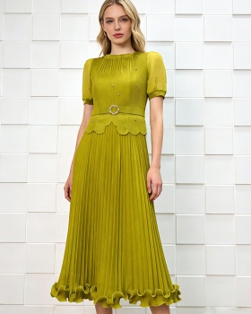 Rhinestone wood ear fold pinched waist elegant dress