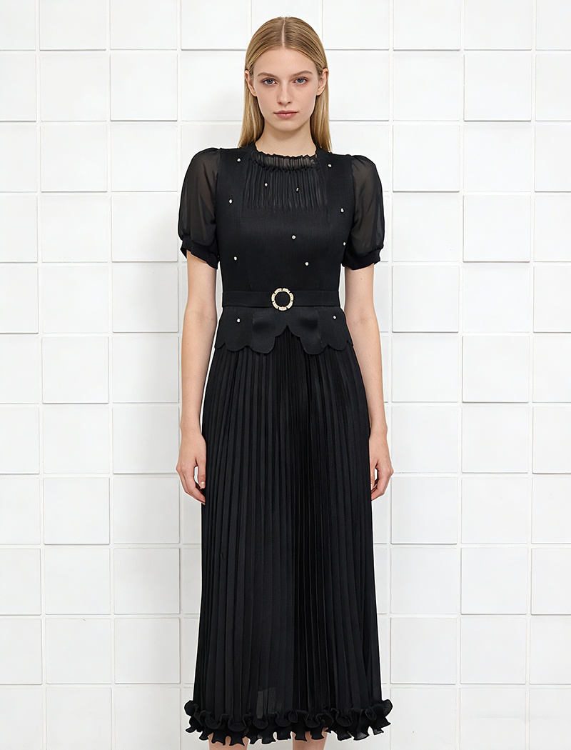 Rhinestone wood ear fold pinched waist elegant dress