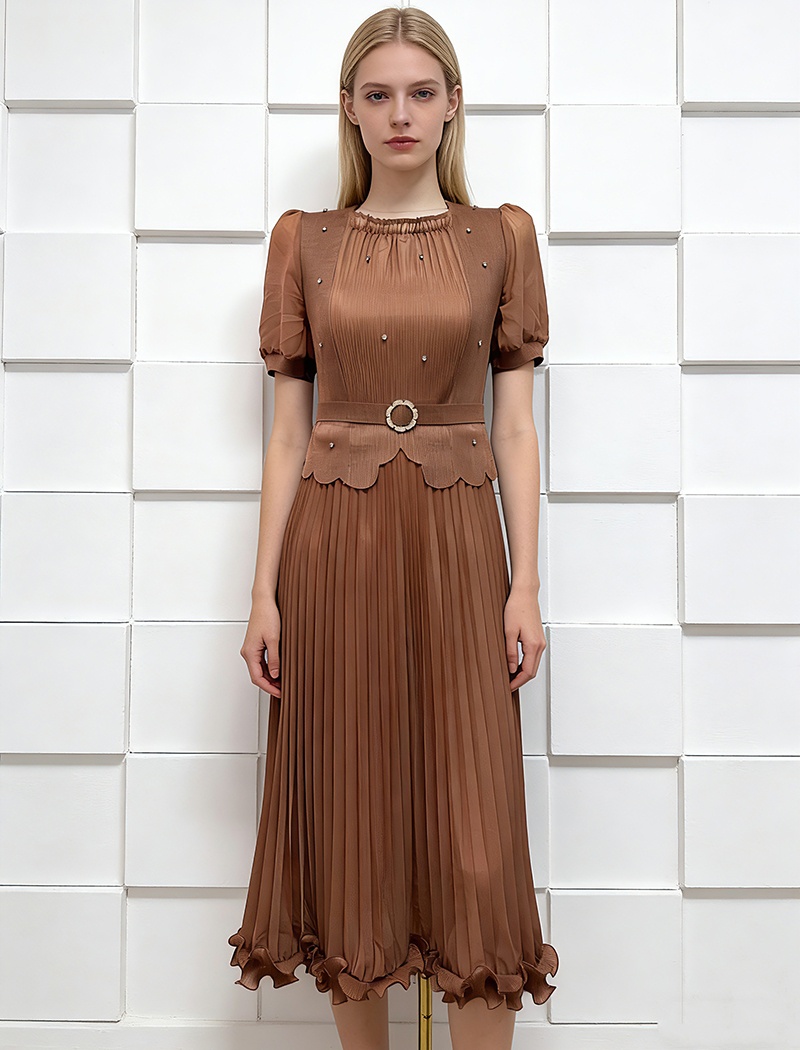 Rhinestone wood ear fold pinched waist elegant dress