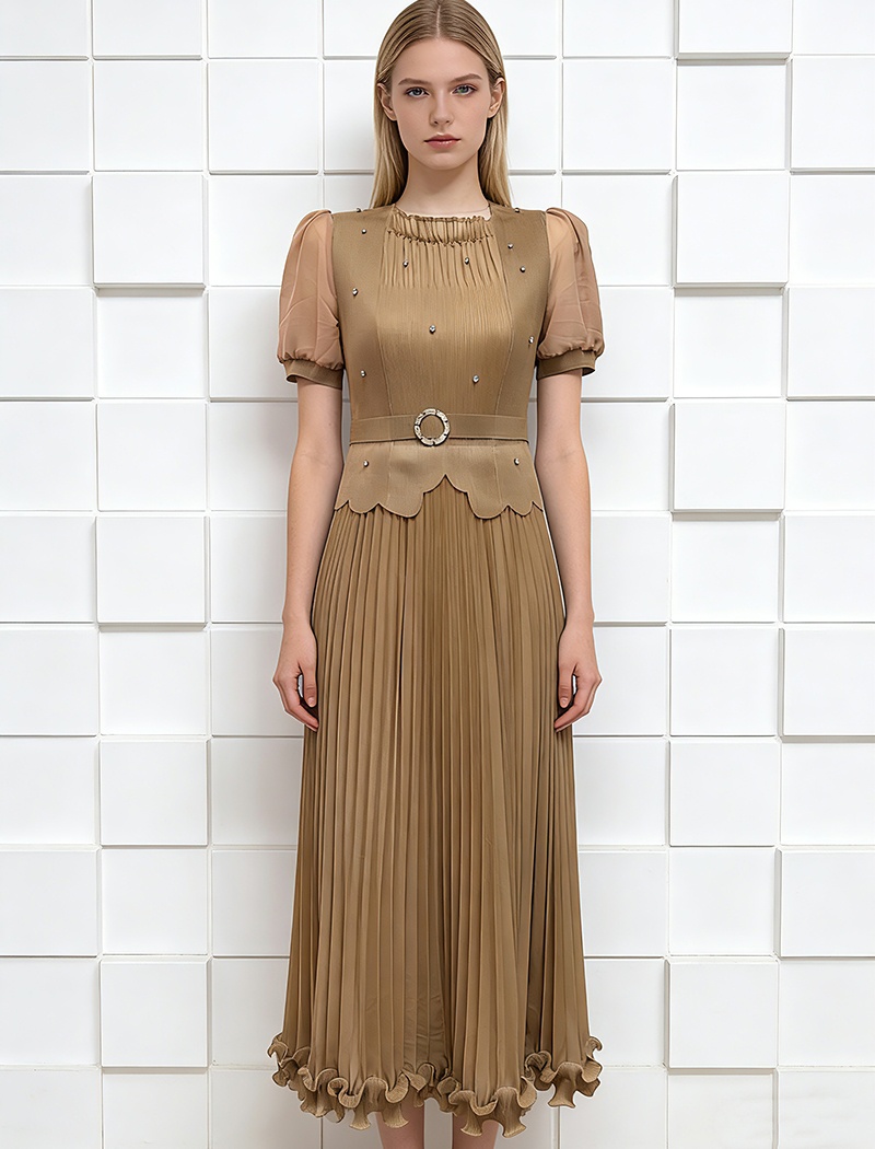 Rhinestone wood ear fold pinched waist elegant dress