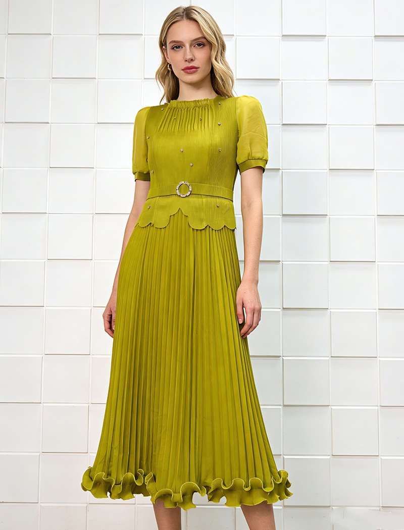 Rhinestone wood ear fold pinched waist elegant dress