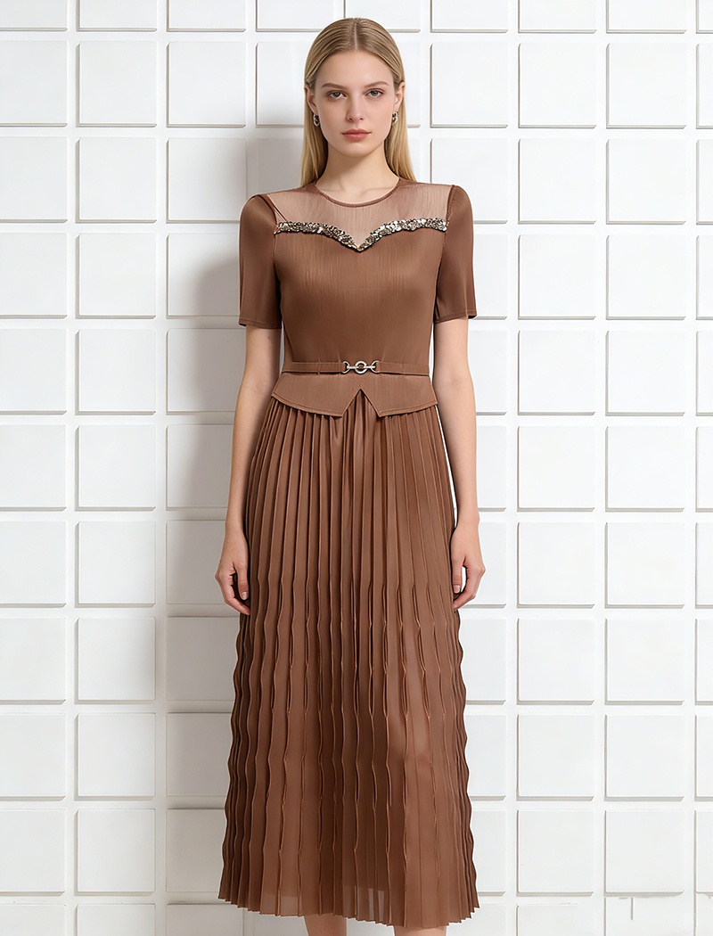 Bandage pleated fold lace sequins slim dress for women