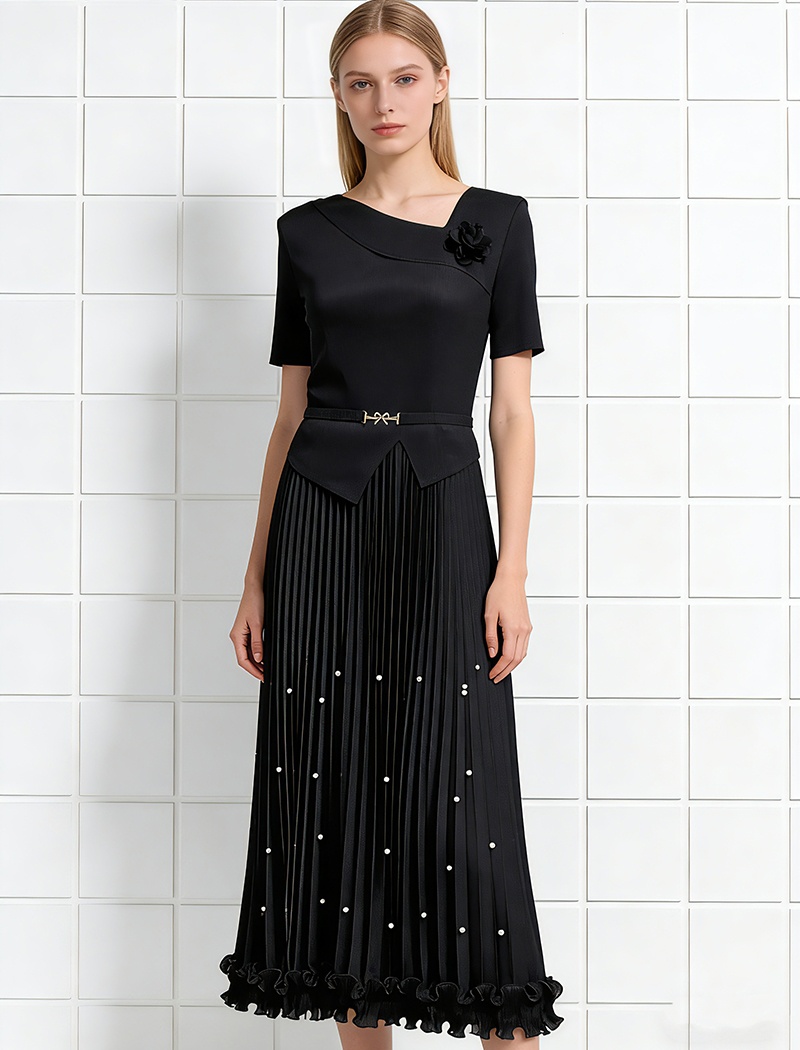 Wood ear disk flowers elegant pinched waist dress