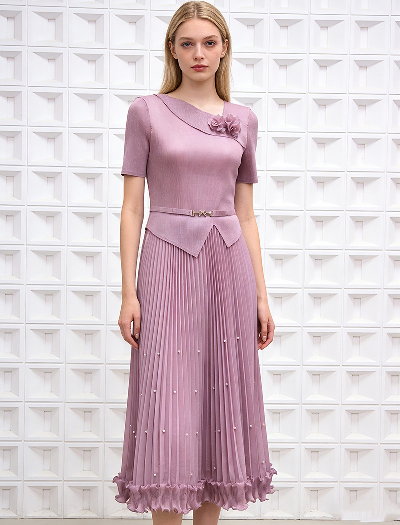 Wood ear disk flowers elegant pinched waist dress