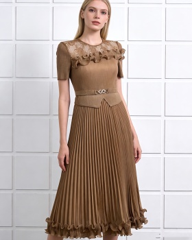 Pleated bandage pinched waist elegant fold dress