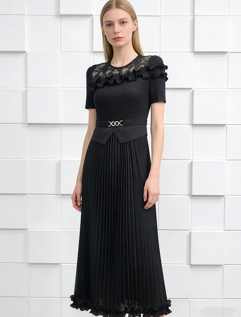 Pleated bandage pinched waist elegant fold dress