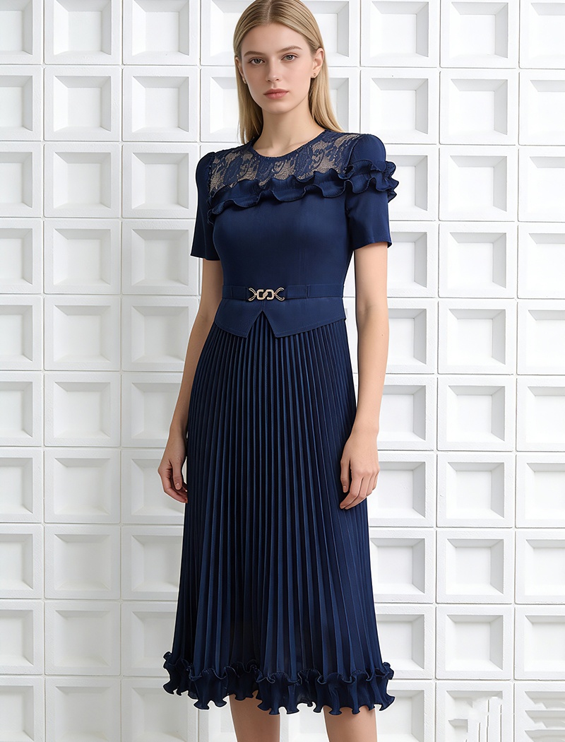 Pleated bandage pinched waist elegant fold dress