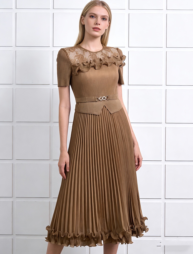 Pleated bandage pinched waist elegant fold dress