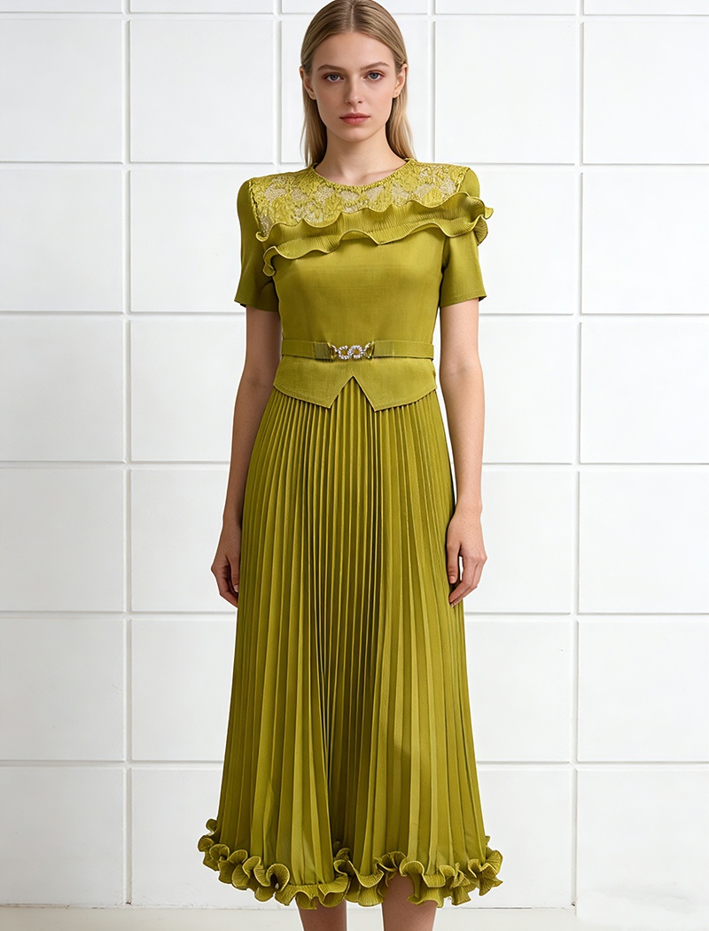 Pleated bandage pinched waist elegant fold dress