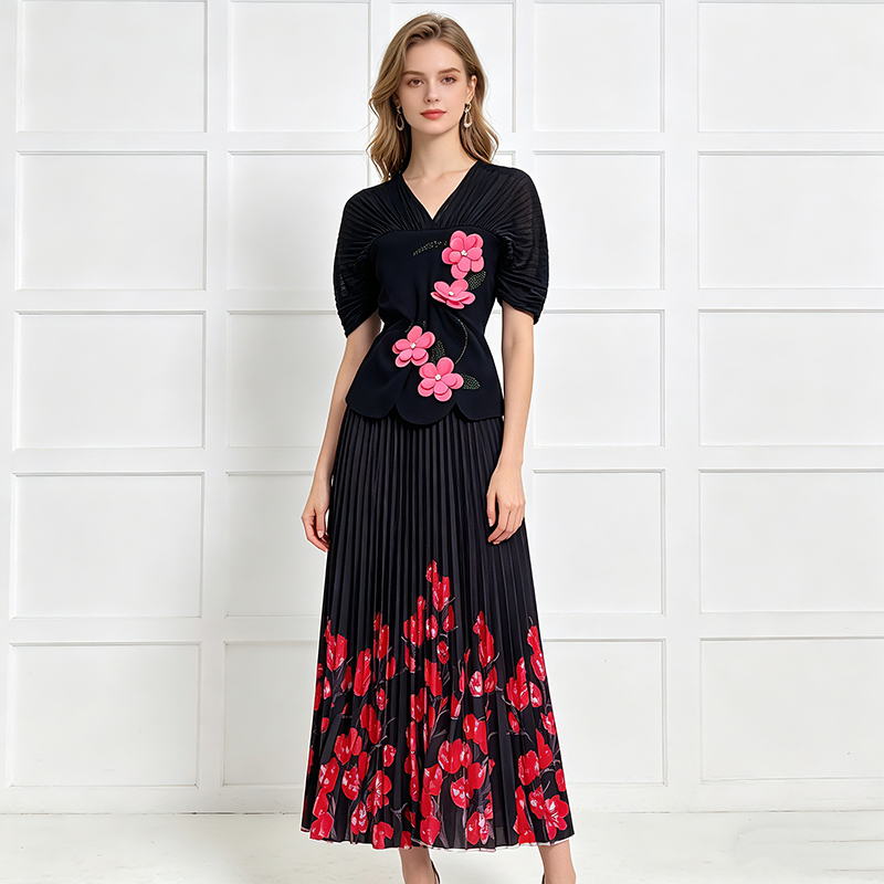 Colors decoration pleated skirt slim tops a set