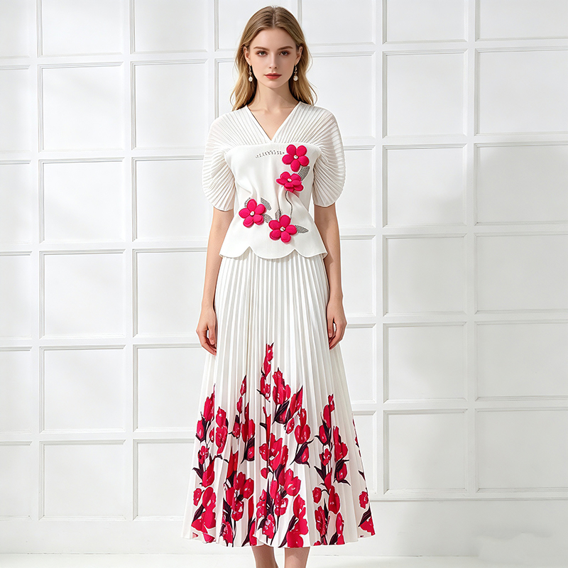 Colors decoration pleated skirt slim tops a set