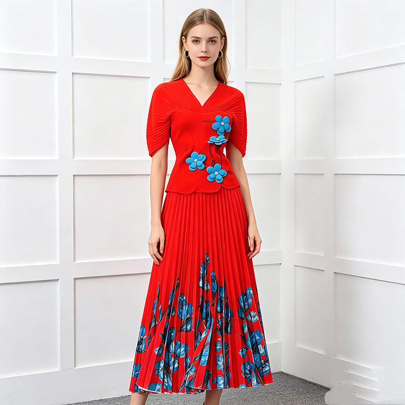 Colors decoration pleated skirt slim tops a set