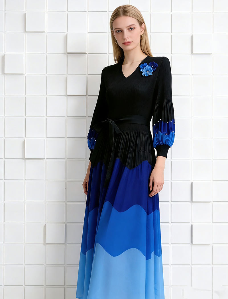 Slim fold printing pinched waist loose dress for women