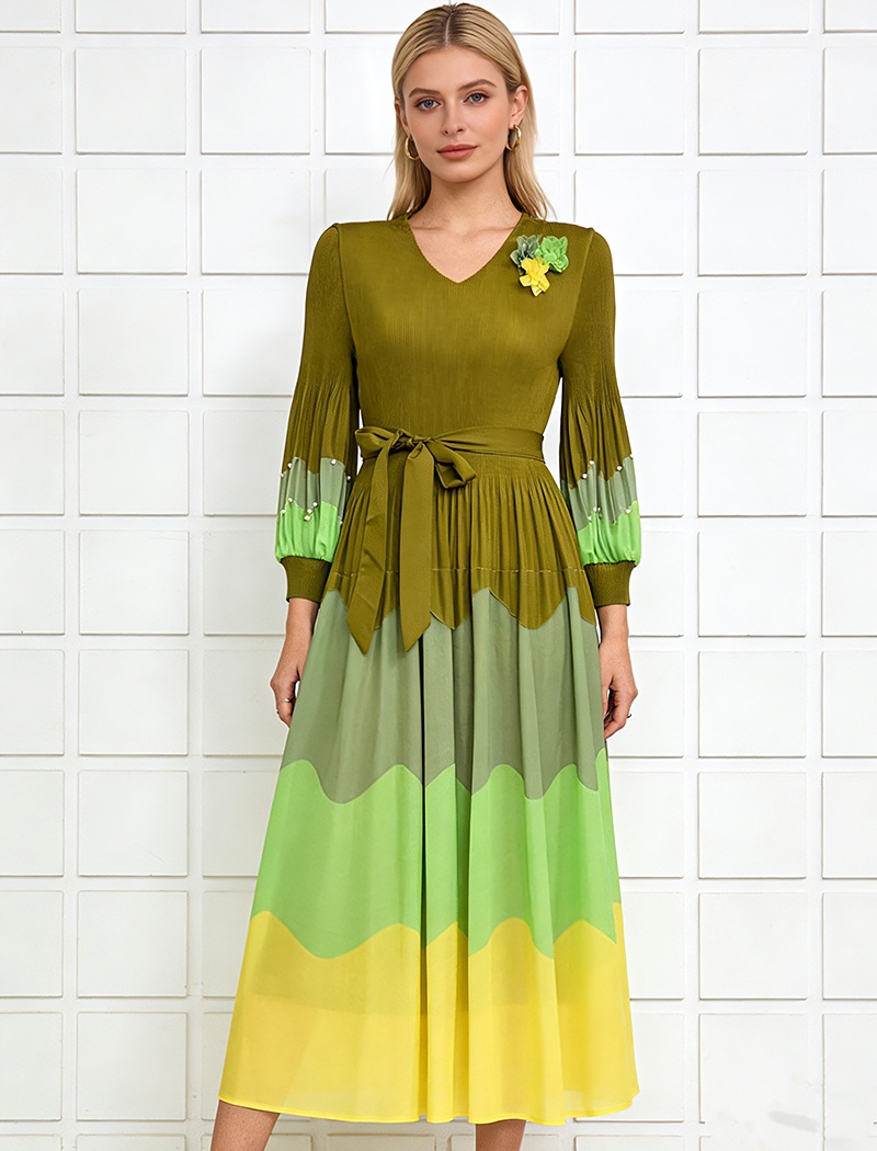 Slim fold printing pinched waist loose dress for women