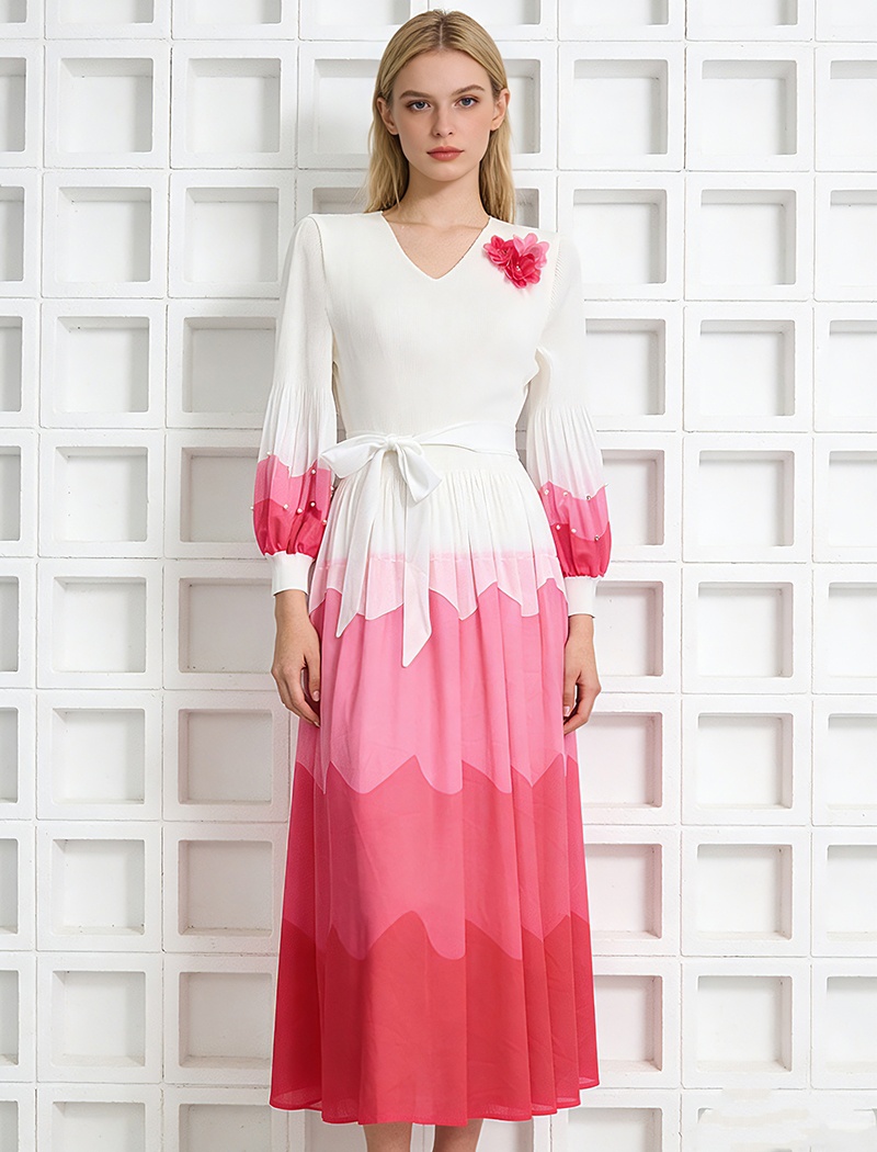 Slim fold printing pinched waist loose dress for women